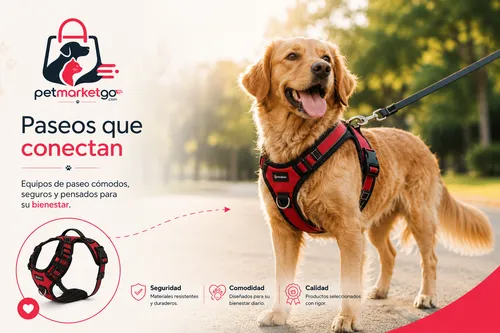Perro Golden Retriever paseando con un arnés de paseo rojo resistente de PetMarketGo