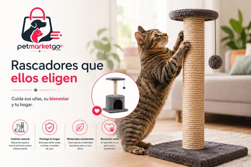 Gato rascando un rascador de sisal natural en casa, producto PetMarketGo